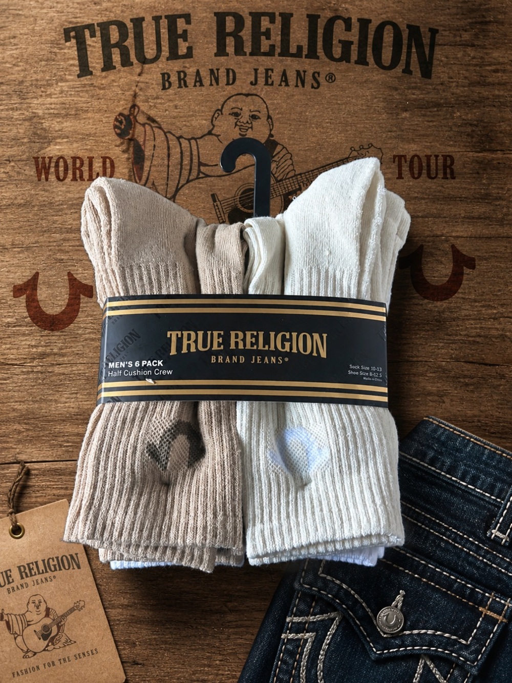 True Religion Men's 6-Pack Crew Socks sizes: 8-12.5